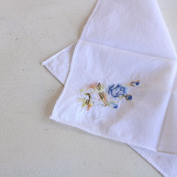 Vintage Handkerchief, White Cotton With Blue Embroidered Roses Hanky - Picture 8 of 10